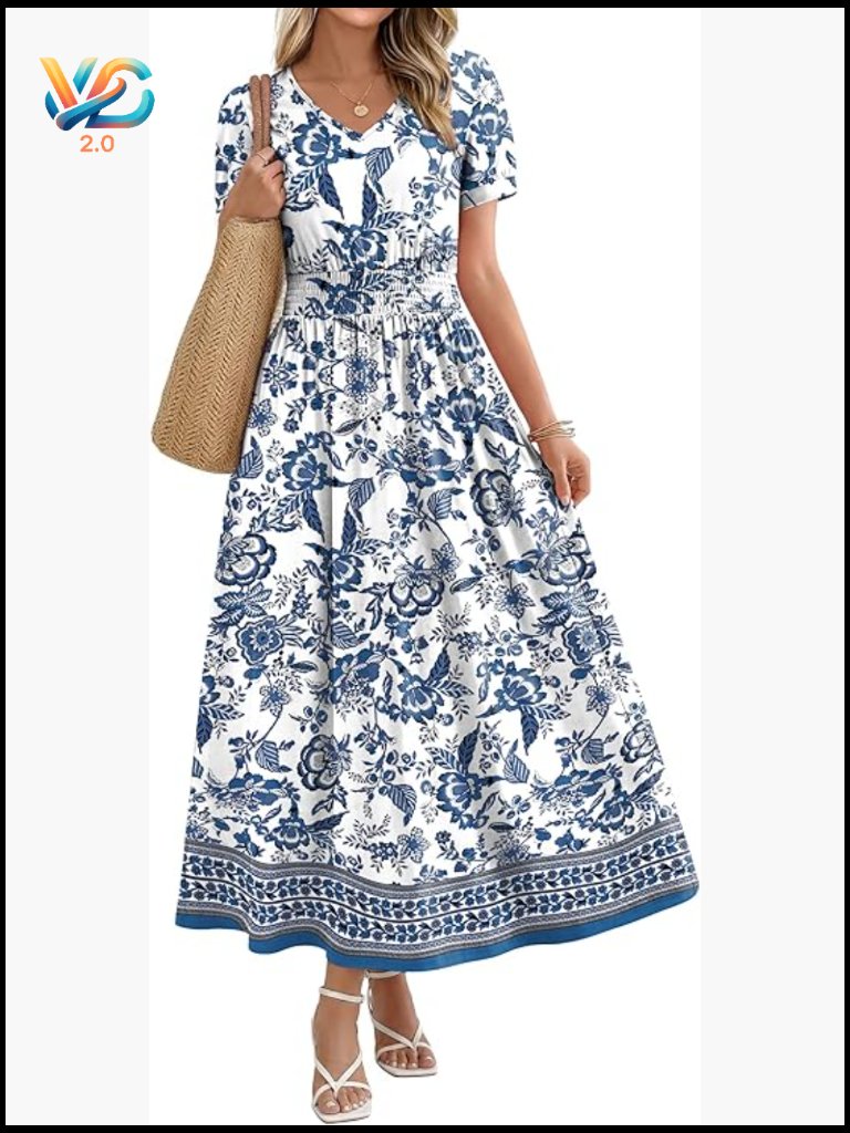 Women's V Neck Maxi Dress Smocked Waist A-Line Flowy Boho Summer Midi Long Dress